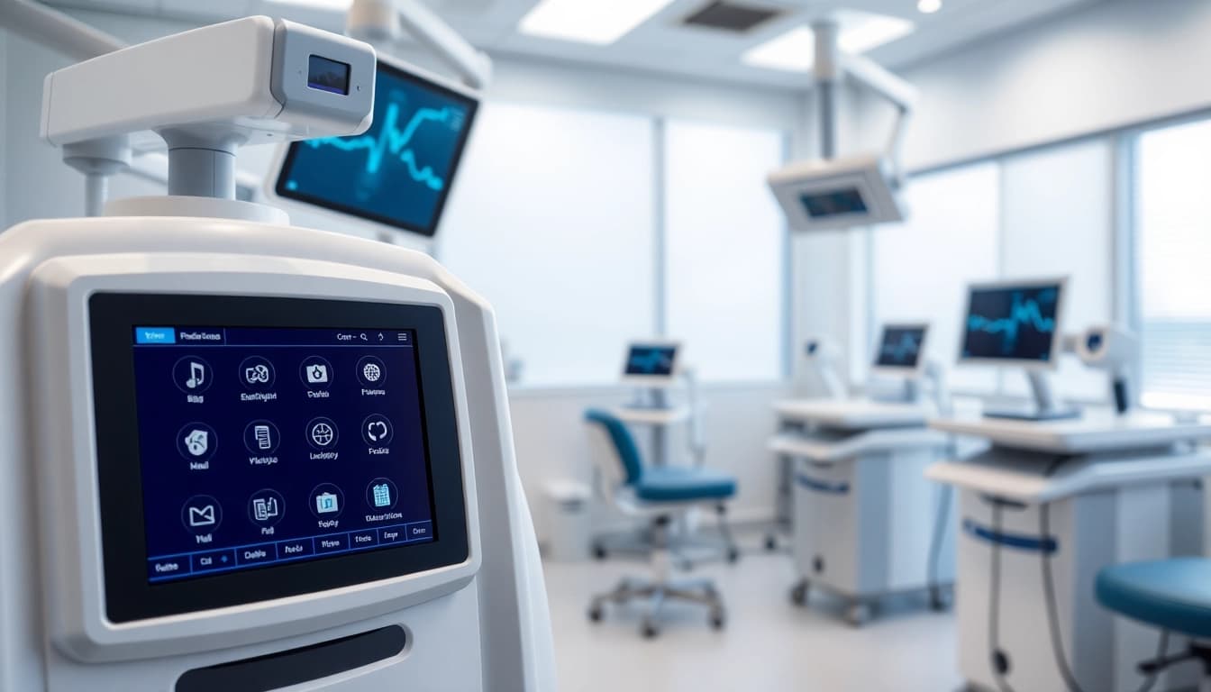 Geben Sie die Funktionen von deus medical in einem modernen Klinikraum an.