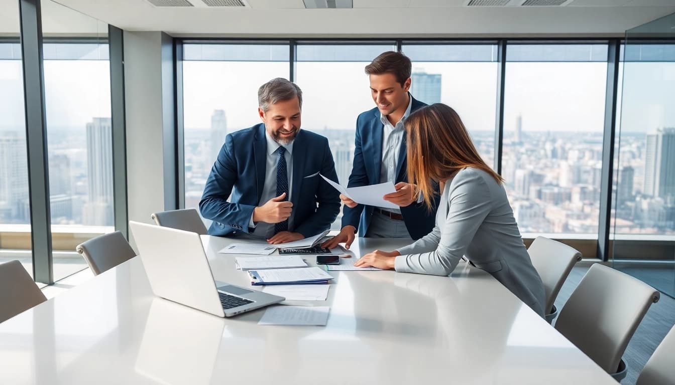 Headhunter Schweiz im modernen Büro, die mit Kunden interagiert und geschäftliches Umfeld schafft.