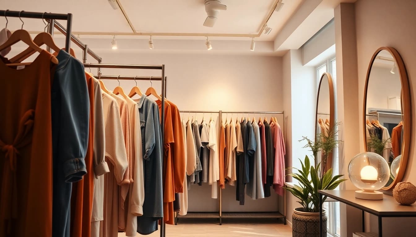 Mode & Lifestyle Onlineshops zeigen elegante Kleidung in einem stilvollen Boutique-Interieur.