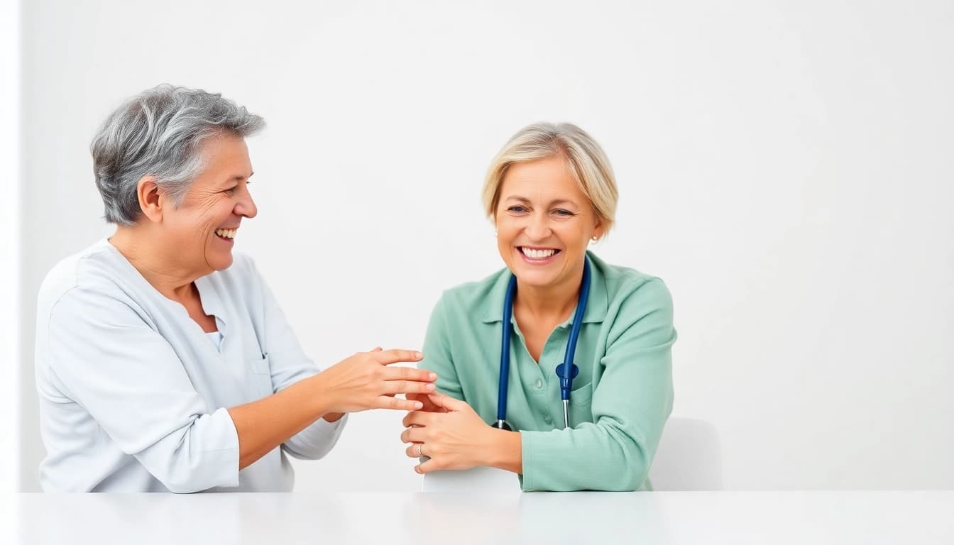 Pflegedienst Werbung: Visualisieren Sie eine ansprechende Werbeaktion für ambulante Pflegedienste mit glücklichen Patienten und Pflegekräften.