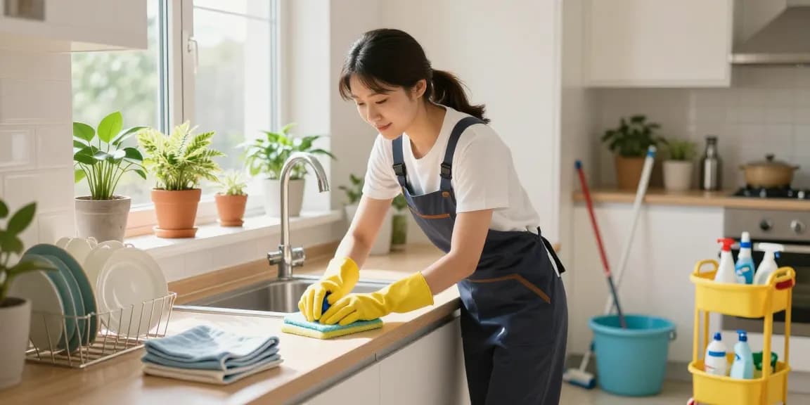 Professional cleaner at work in a bright kitchen, showcasing putzinstitute bern services for residential spaces