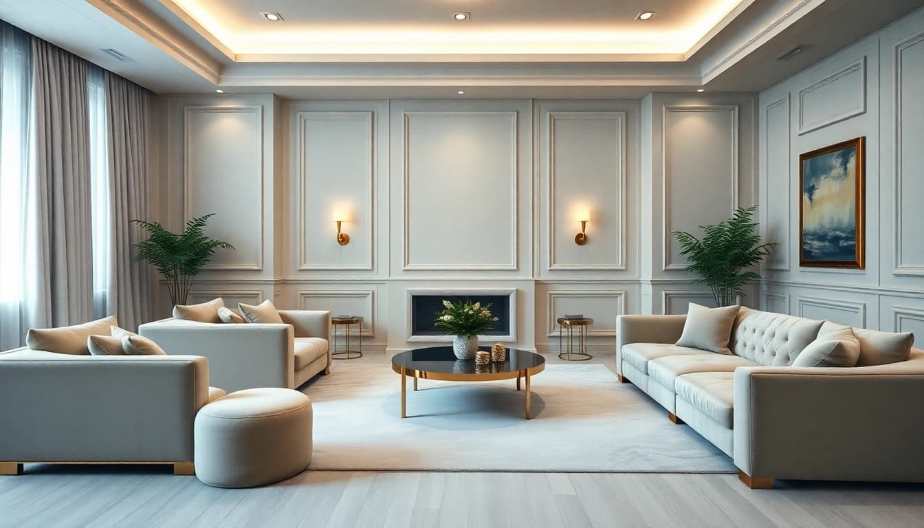 Luxury living room showcasing plush velvet furniture and gold accents under soft ambient lighting.