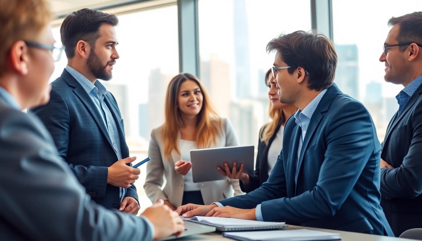 Headhunter IT discusses recruitment strategies in an energetic office environment.
