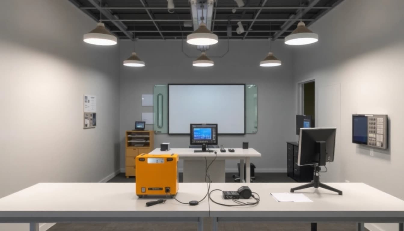 Prüfung von elektrischen Geräten zur DGUV V3 Prüfung in einem modernen Büro mit Sicherheitsgeräten.