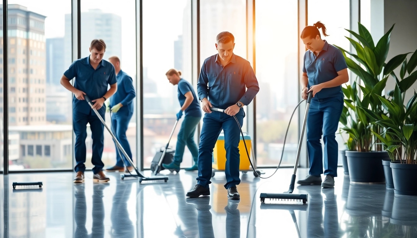 Efficient berlin gebäudereinigung team at work in a modern office, showcasing a clean and professional environment.