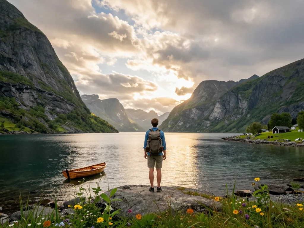 Skandinavien Reisetipps heben die malerische Fjordansicht hervor, während ein Reisender die nordischen Landschaften erkundet.