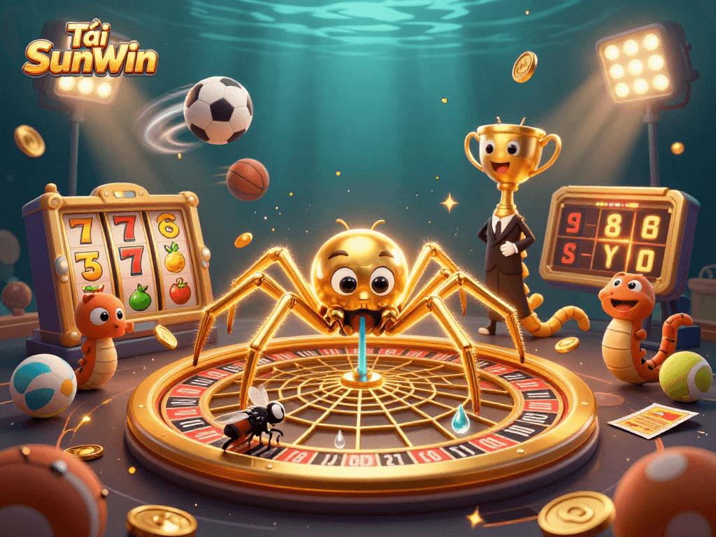 Engage with Tải SunWin in a vibrant 3D casino scene featuring characters and game elements.
