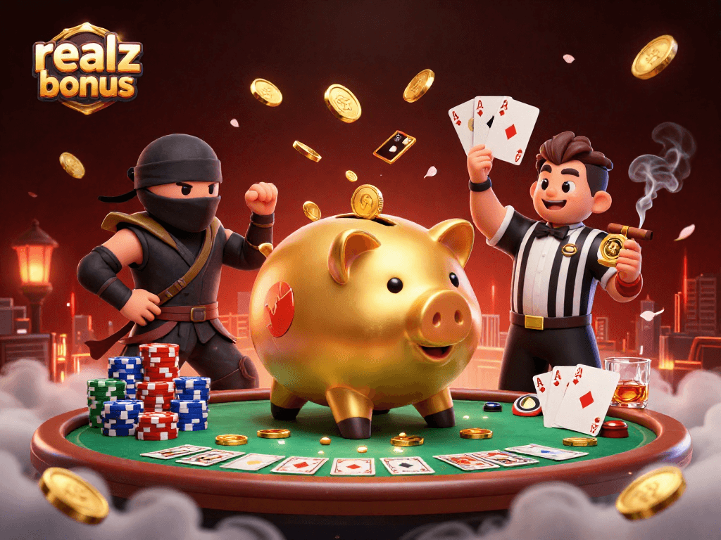 Realz Casino Bonus, Sumo-Ringer und Ninja in Aktion beim Glücksspiel.