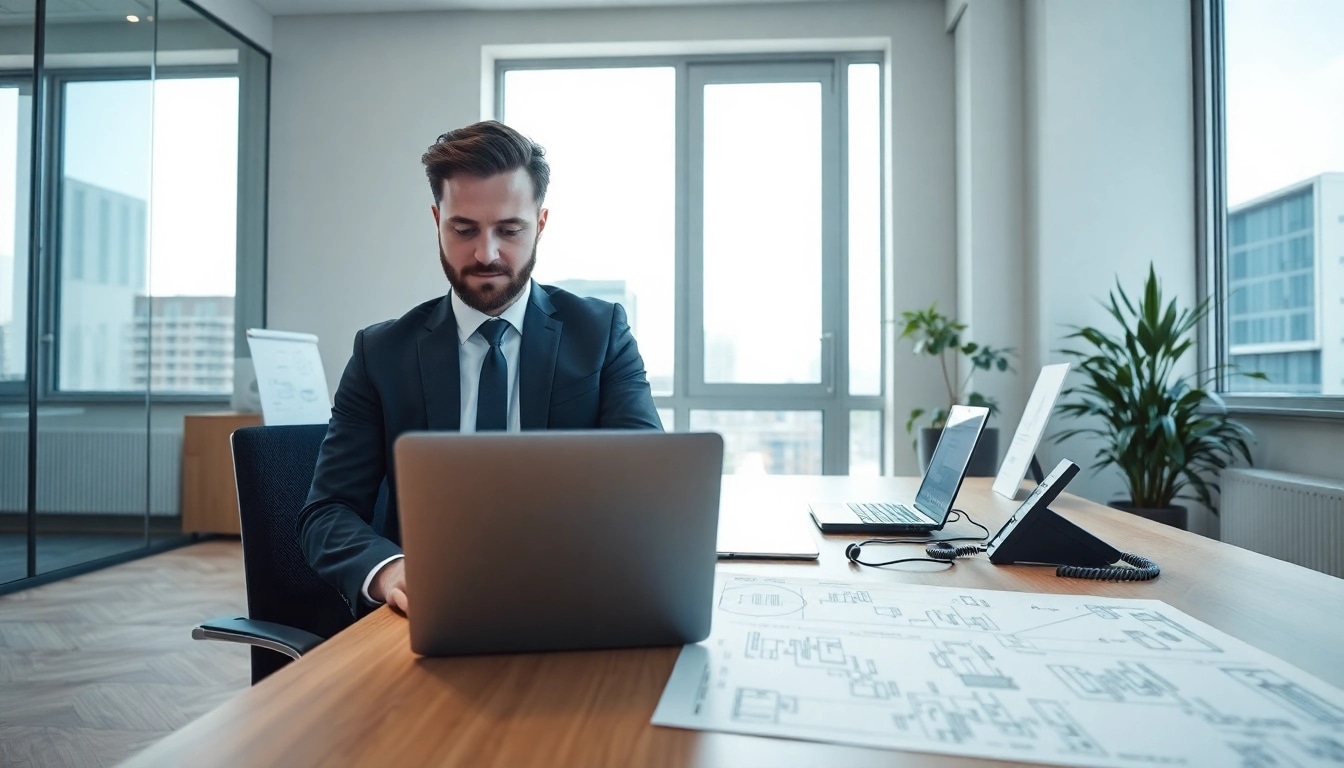 Headhunter Baubranche während der Arbeit in einem modernen Büro, fokussiert auf die Rekrutierung von Bauexperten.