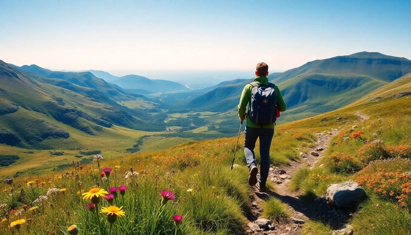 Wanderer am Wicklow Way Irland mit atemberaubender Landschaft im Hintergrund.