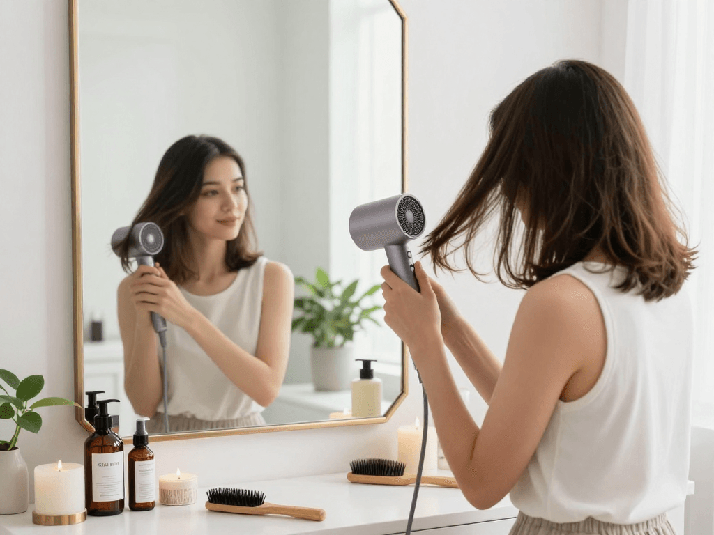 Woman styling hair with a mini blow dryer in a modern bathroom.