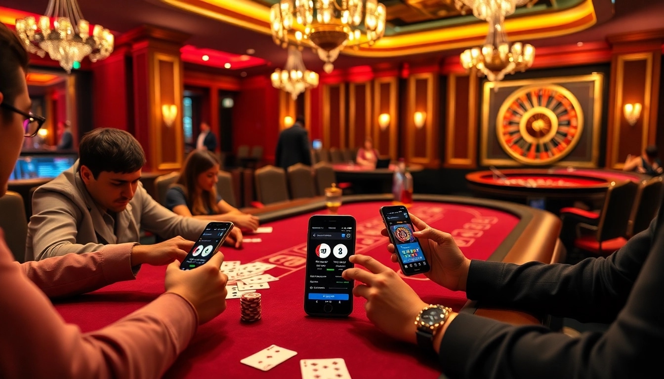 Players strategize at a Go8 casino table, surrounded by vibrant chips and a roulette wheel, showcasing excitement and luxury.