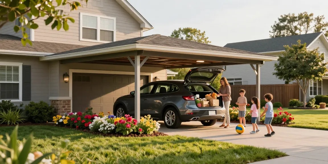 Moderne Carport-Struktur mit Familie, die beim Entladen des Autos unter dem Schutzdach spielt, in einer einladenden Wohngegend.