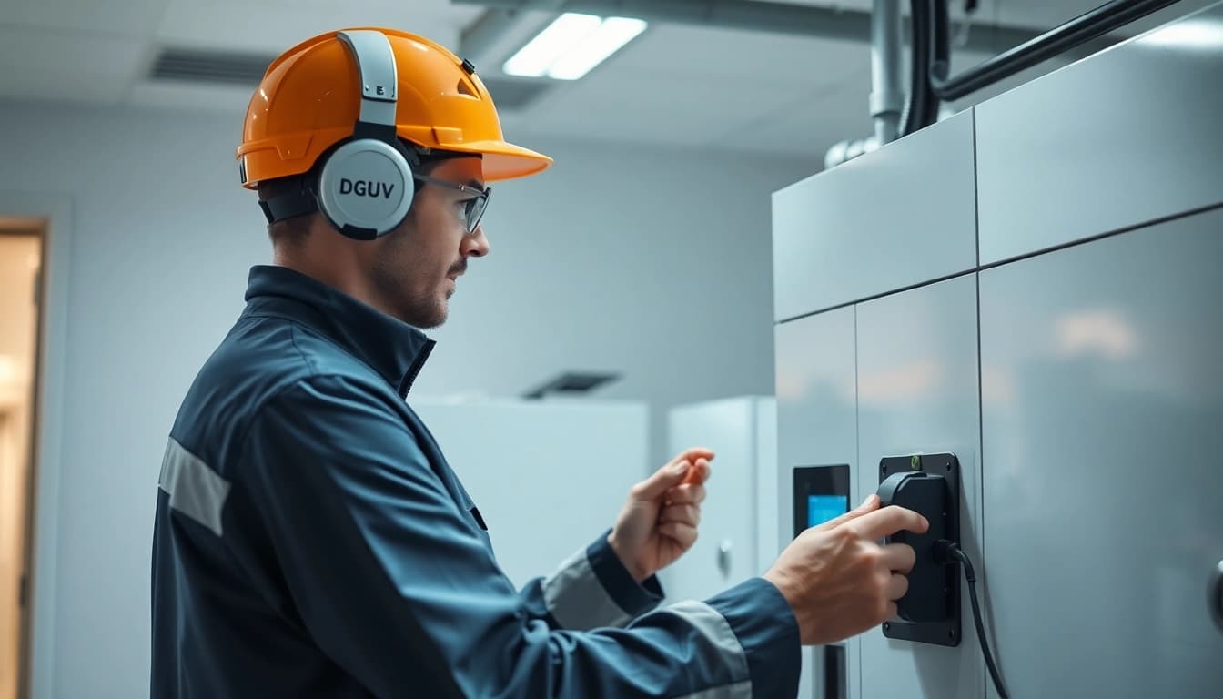 Techniker führt eine DGUV V3 Prüfung an elektrischen Geräten in einem modernen Büro durch.
