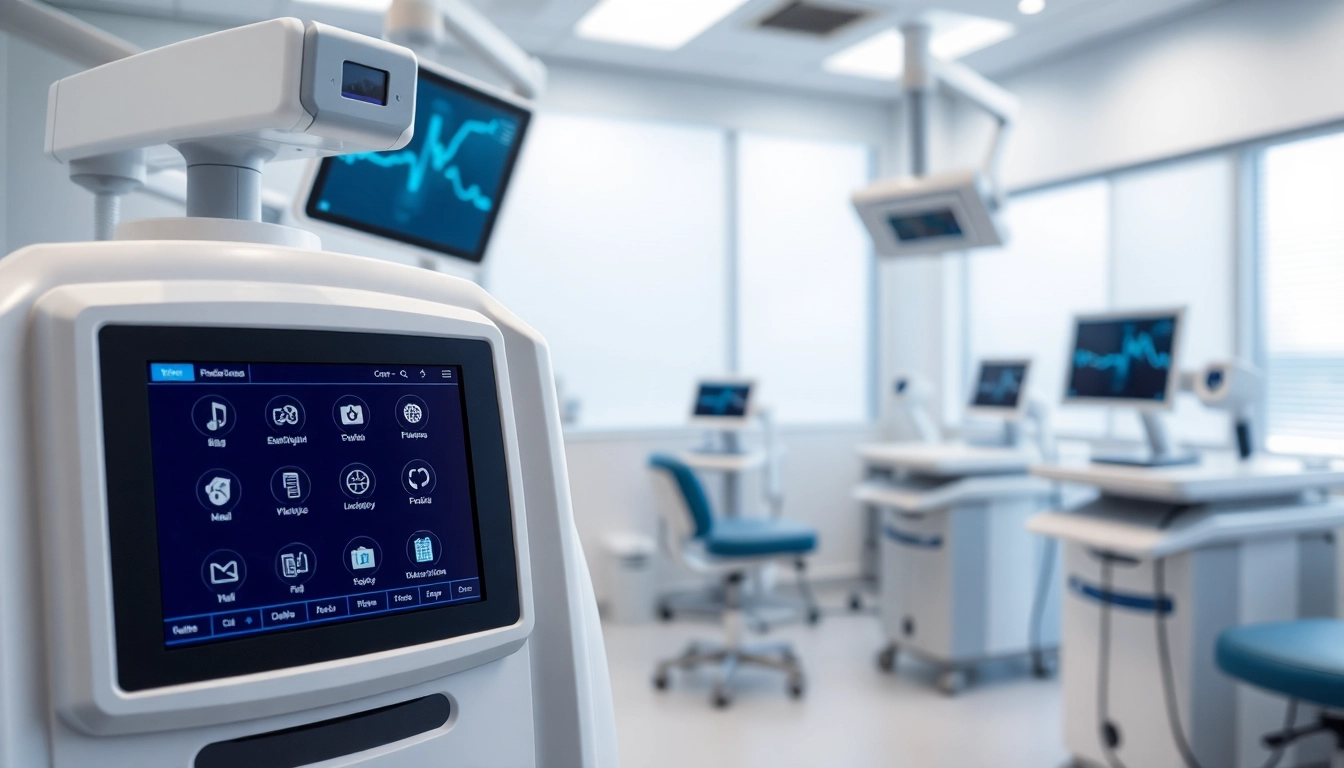 Geben Sie die Funktionen von deus medical in einem modernen Klinikraum an.