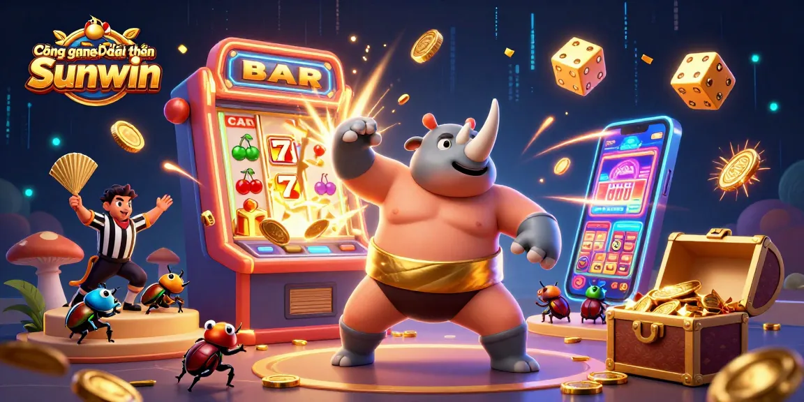Cổng game bài đổi thưởng Sunwin showcases a vibrant scene with iconic game elements like golden coins, slot machines, and beetle champions.