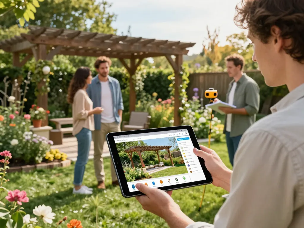 E Hauseigentümer, der einen Pergola 3D-Konfigurator auf einem Tablet in einer lebhaften Gartenumgebung nutzt und Designoptionen erkundet.