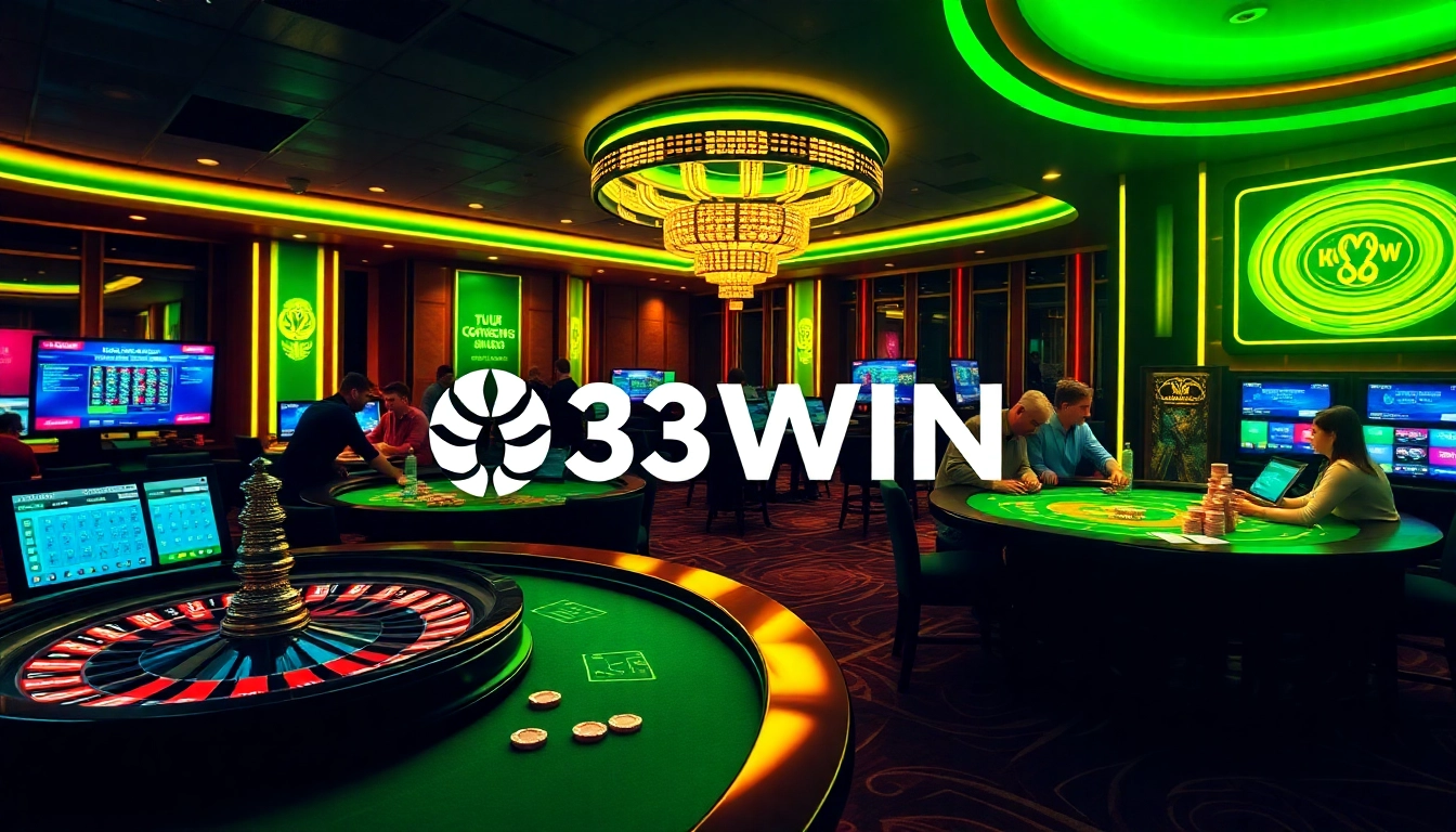 Gamblers enjoying a thrilling experience at 33WIN casino tables with vibrant lights and action.
