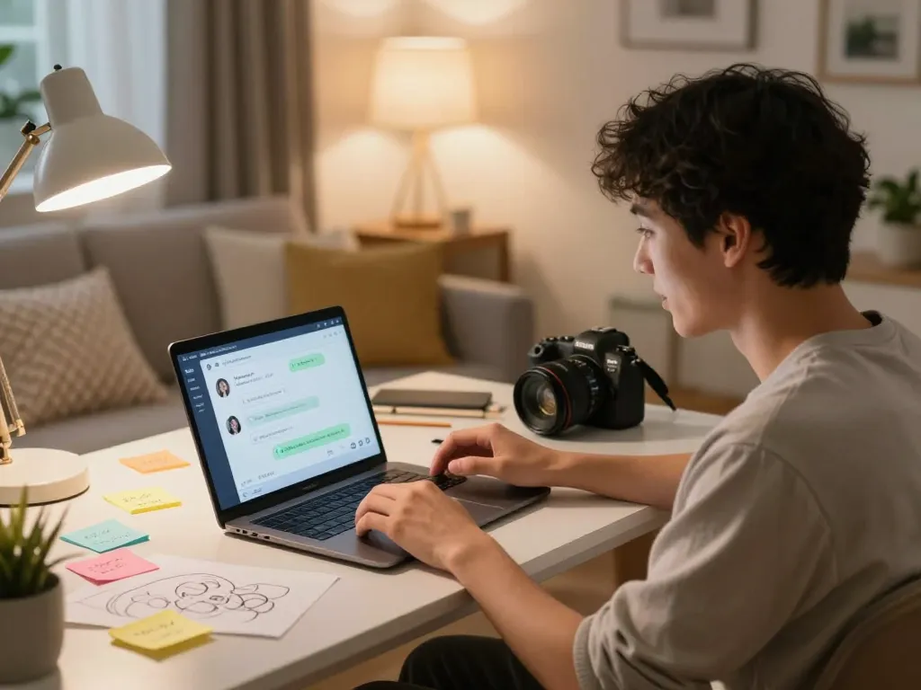Engaging in a playful sex AI chat on a cozy home office sofa.
