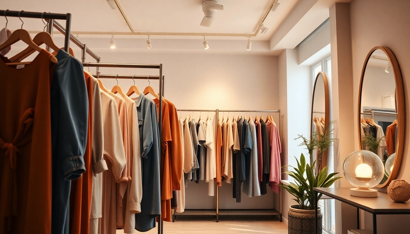 Mode & Lifestyle Onlineshops zeigen elegante Kleidung in einem stilvollen Boutique-Interieur.