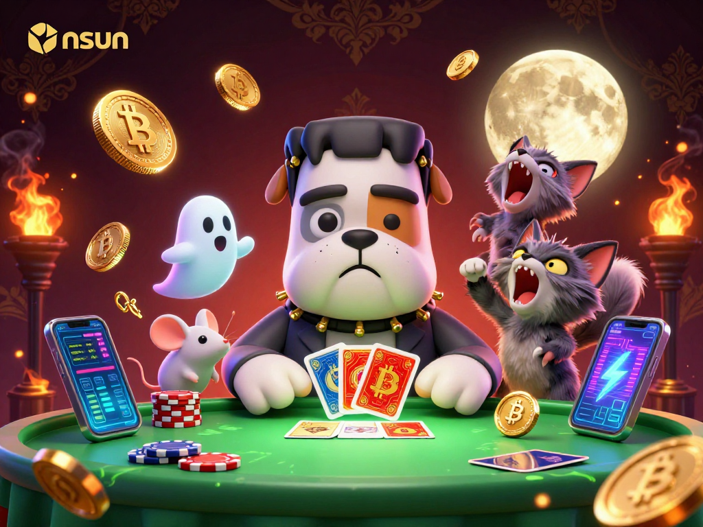 Play exciting games at vnsun with a detailed 3D illustration featuring quirky characters like a Frankenstein bulldog dealing cards.
