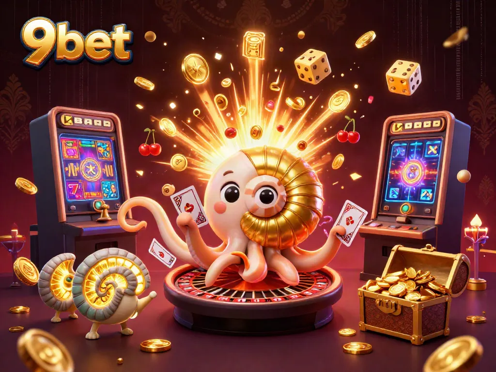 9bet live casino scene showcasing a giant nautilus roulette wheel, cards, and jackpot action.