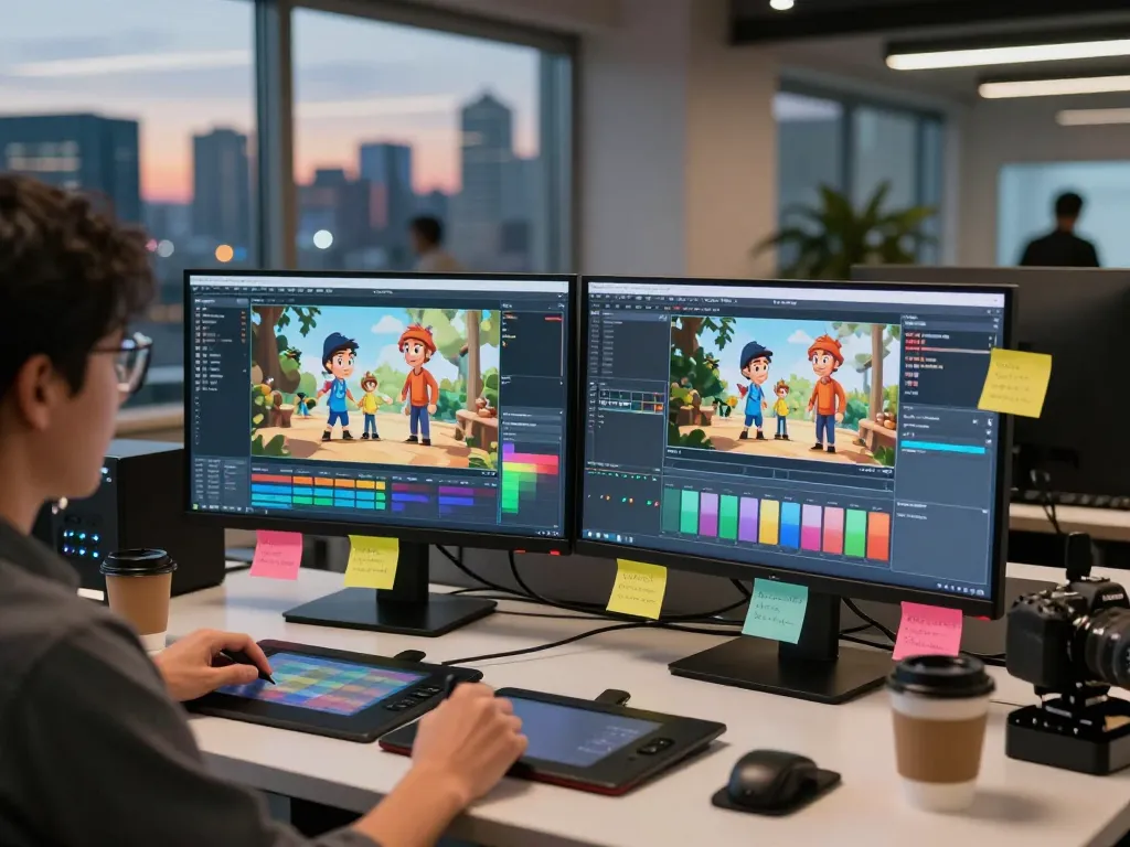 Kling 2.6 motion control interface in action at a high-tech animation studio during dusk, showcasing a workspace filled with dual screens, creative tools, and a vibrant city skyline.