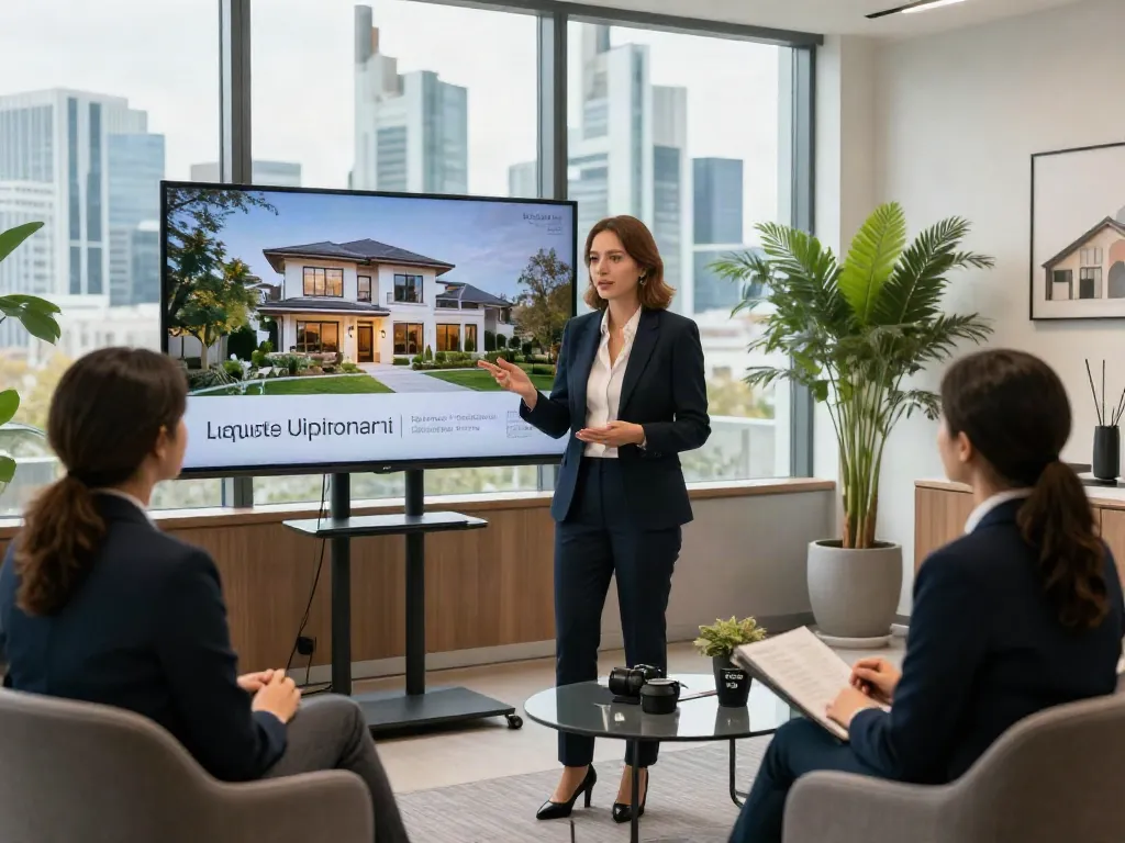 Bester Immobilienmakler Frankfurt berät Kunden in modernem Büro mit Blick auf Frankfurt.