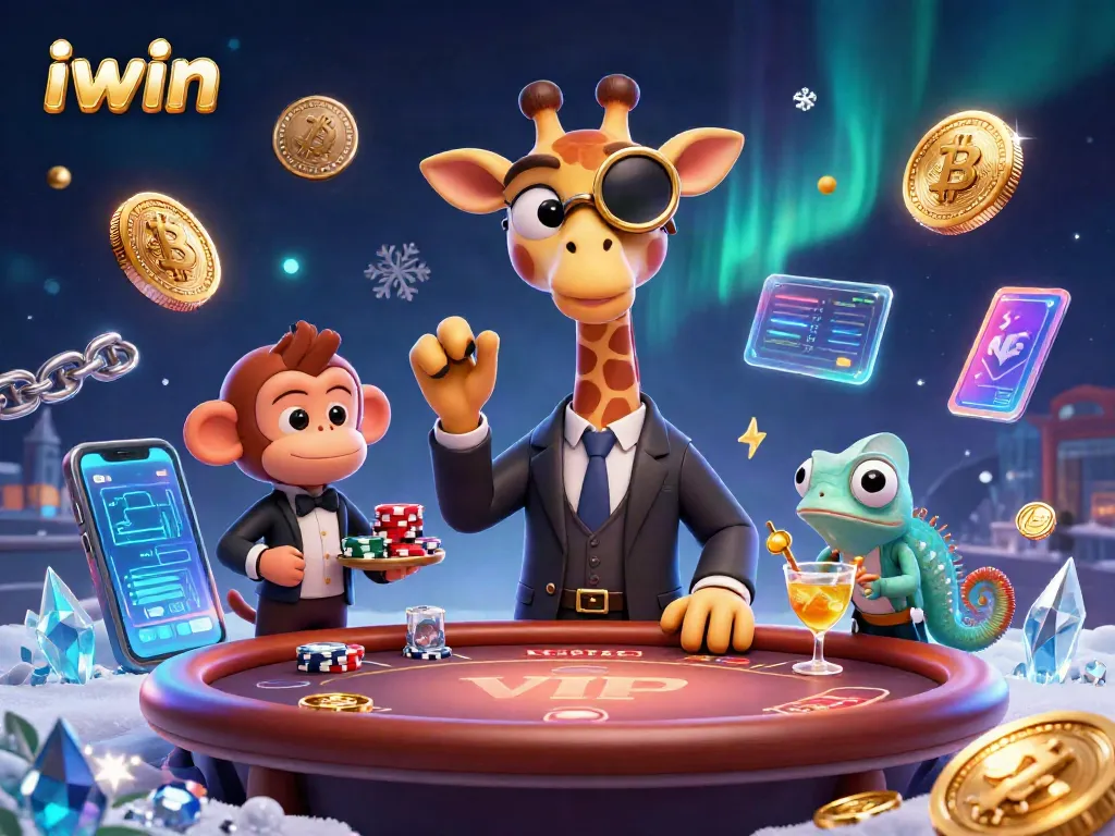 Play exciting iwin casino games with a vibrant, animated scene featuring playful characters.