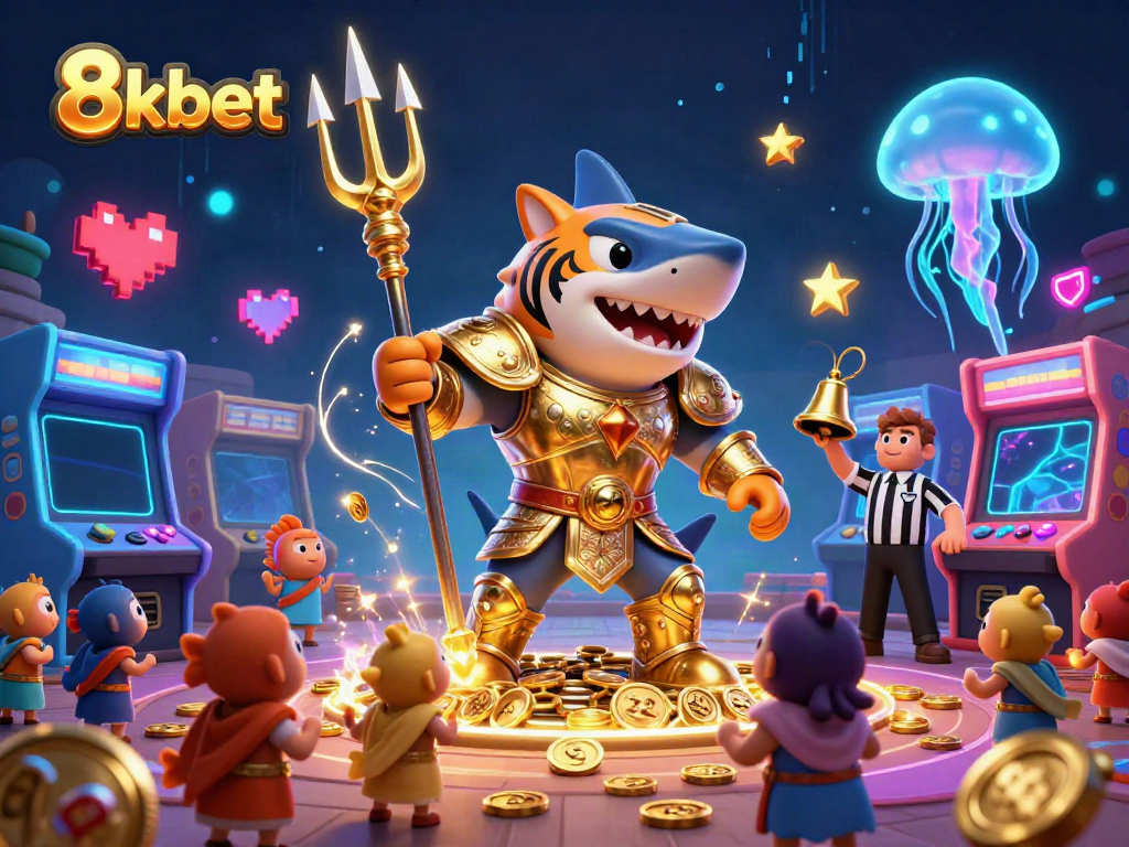 Experience thrilling gameplay with 8xbet in an underwater colosseum featuring dynamic characters and colorful arcade machines.