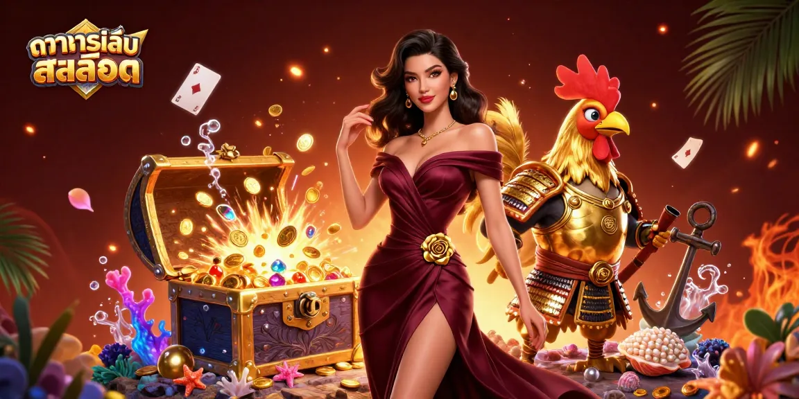 Engage in ทดลองเล่นสล็อต as a glamorous woman and samurai rooster amidst treasure in a vibrant casino scene.