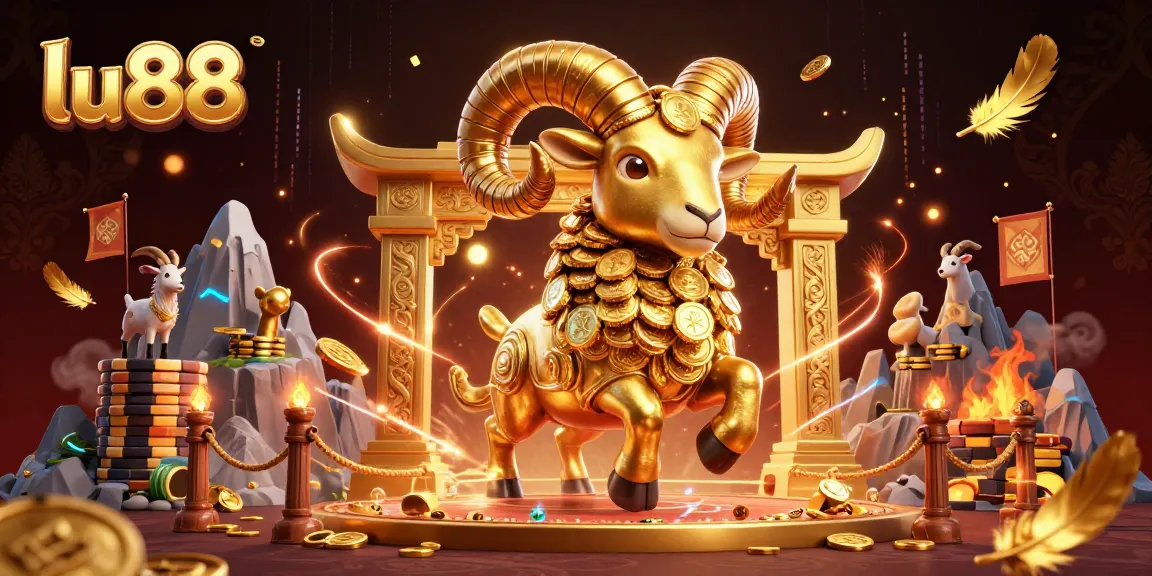 Experience the thrill of gameplay at lu88 featuring a golden ram charging through an ornate gate amidst swirling golden coins and dynamic elements.