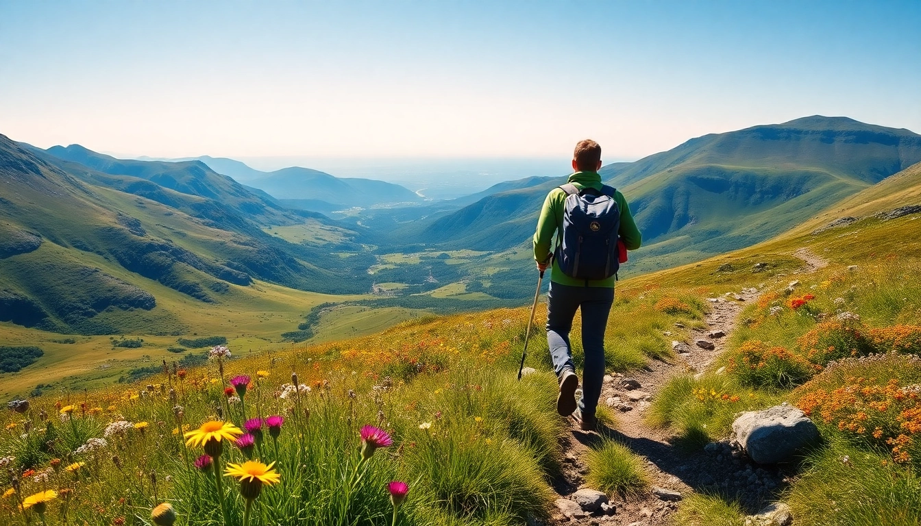 Wanderer am Wicklow Way Irland mit atemberaubender Landschaft im Hintergrund.