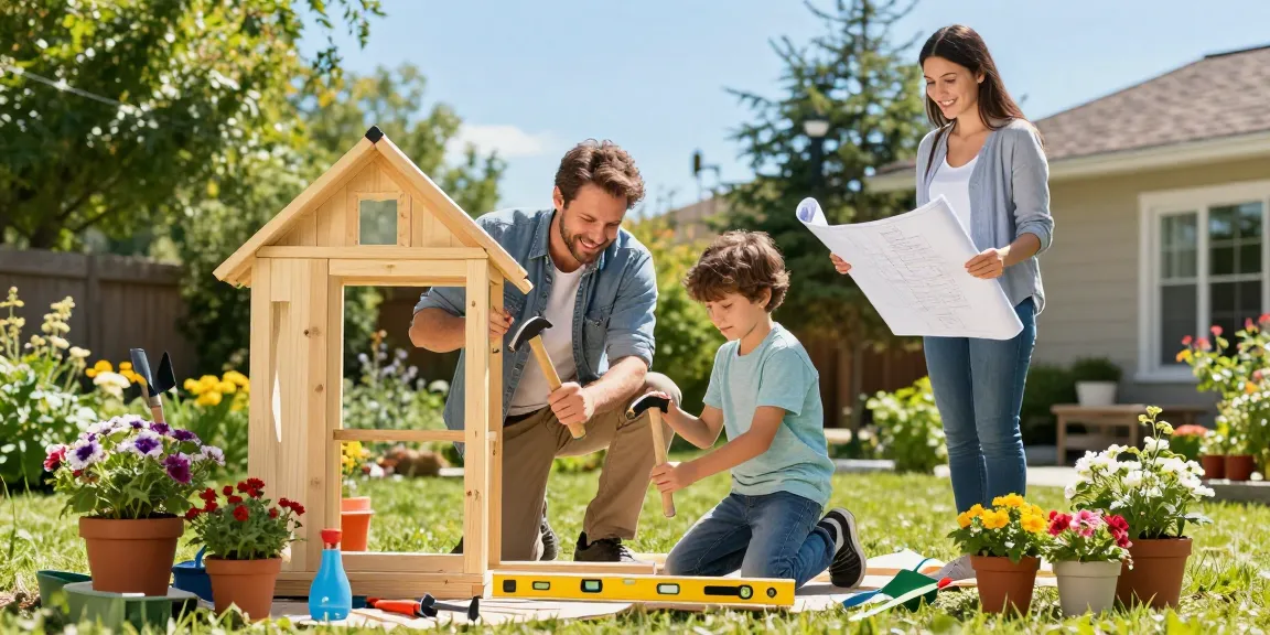 Gartenhaus kaufen - Familie baut gemeinsam ein Holz-Gartenhaus im eigenen Garten, fröhliche Stimmung und sonniger Tag.