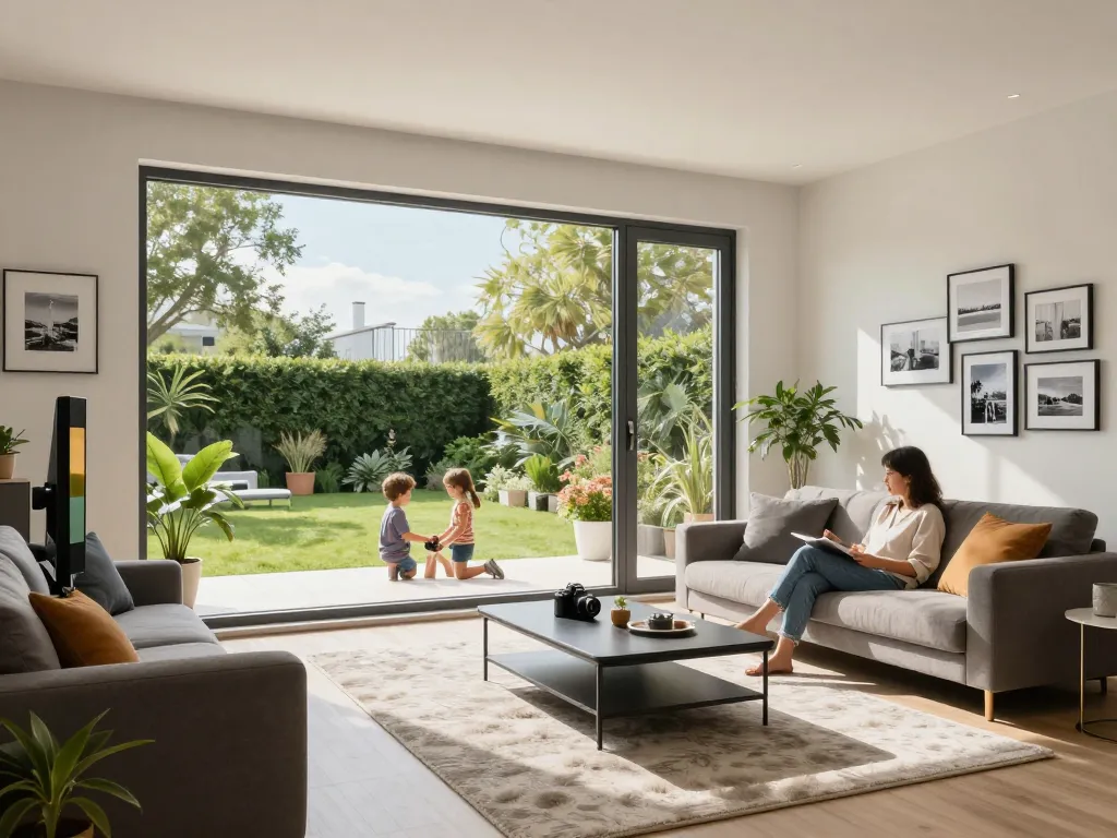 Wohnzimmer, das mit natürlichem Licht durch Schüco-Fenster gefüllt ist, zeigt modernes Dekor und eine gemütliche Familienatmosphäre.