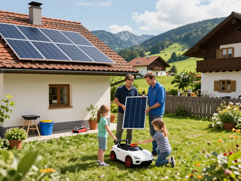 Familie installiert Photovoltaik Bayern Solarpaneele im sonnigen Garten und nutzt erneuerbare Energien.