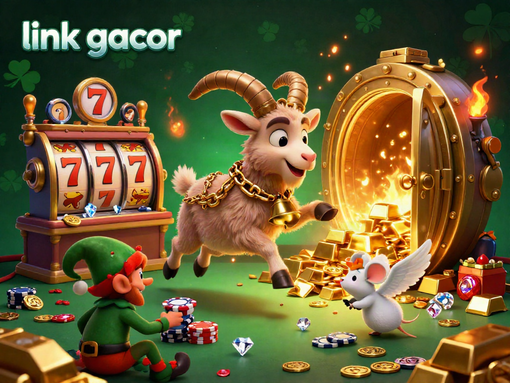 Enjoy the thrilling "link gacor" slots experience with a spirited scene featuring a Krampus goat in a casino full of gold.