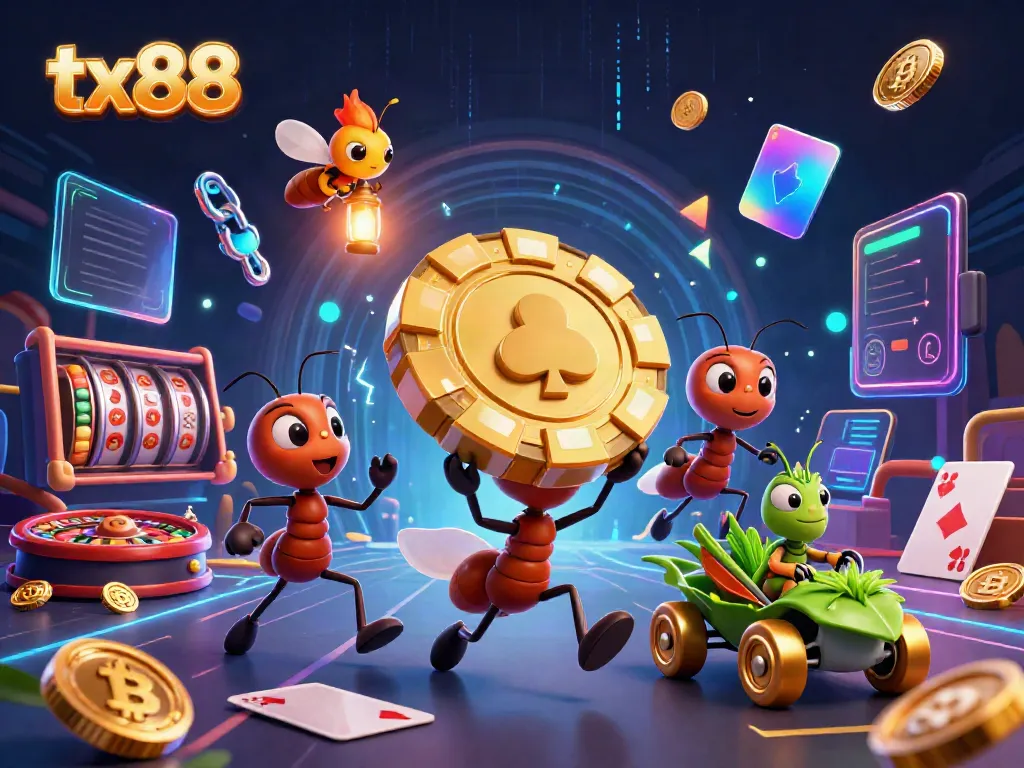 Experience the thrill of tx88 as ants heist a giant poker chip amidst glowing casino elements in a vibrant 3D scene.