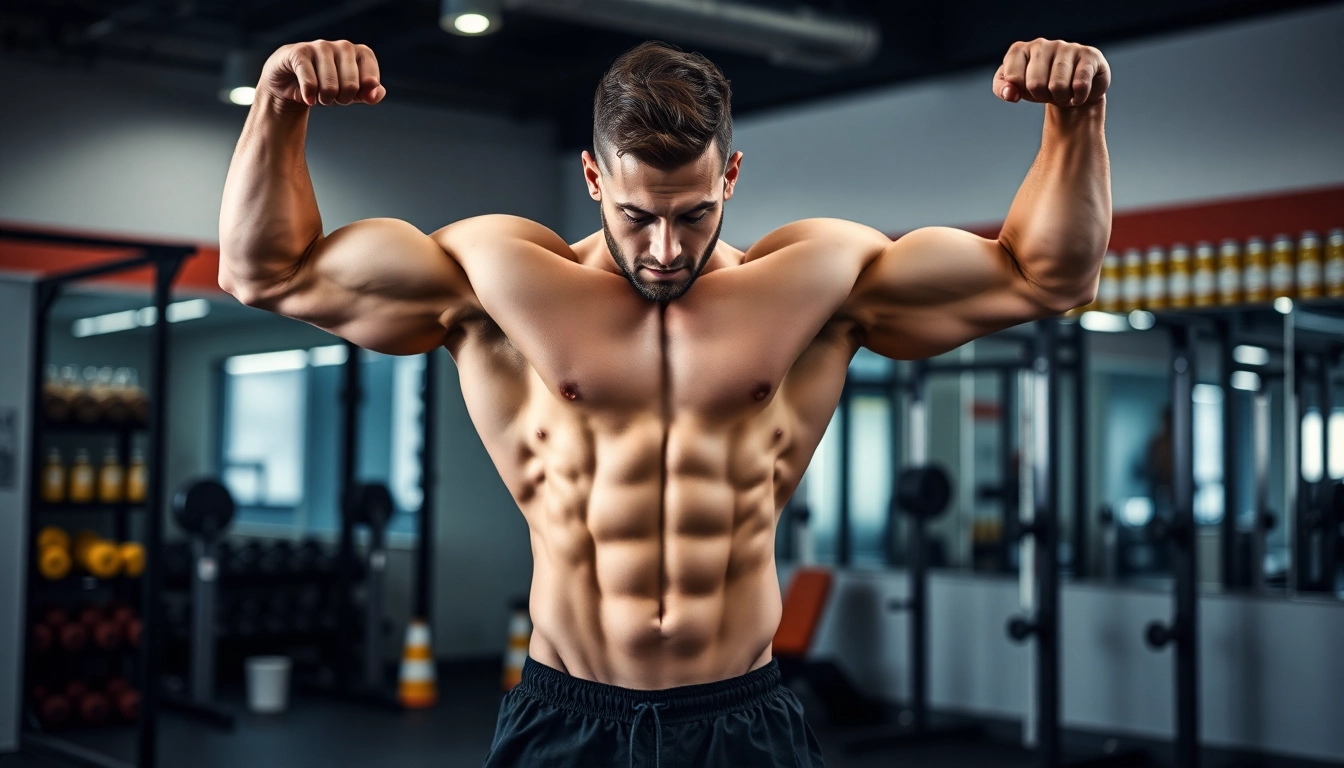 Ein muskulöser Bodybuilder präsentiert Unique Pharma Steroids im Fitnessstudio.