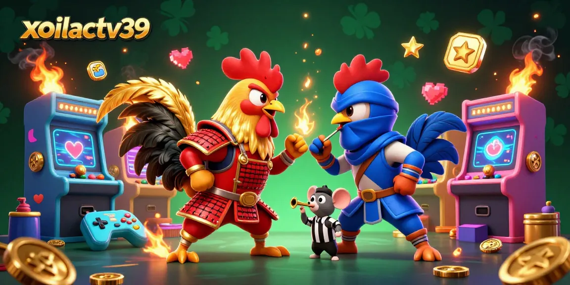 xoilactv39 showcases twin cartoon roosters in a gaming arena with vibrant casino elements for engaging fun.