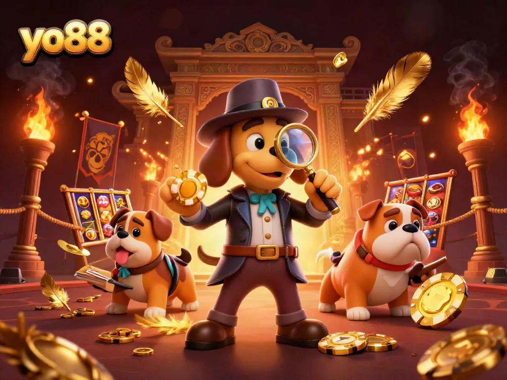 Engage in the thrilling world of yo88 with a dynamic scene of a detective analyzing chips amid a bustling casino backdrop.