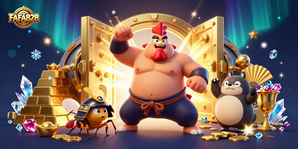 Experience FAFA828's vibrant casino world with sumo wrestlers and gold treasure in 3D art.