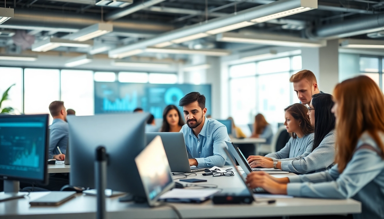IT Dienstleister im modernen Buero, die innovative Loesungen praesentieren