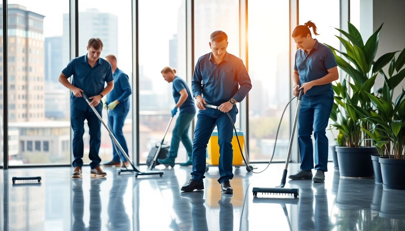 Efficient berlin gebäudereinigung team at work in a modern office, showcasing a clean and professional environment.