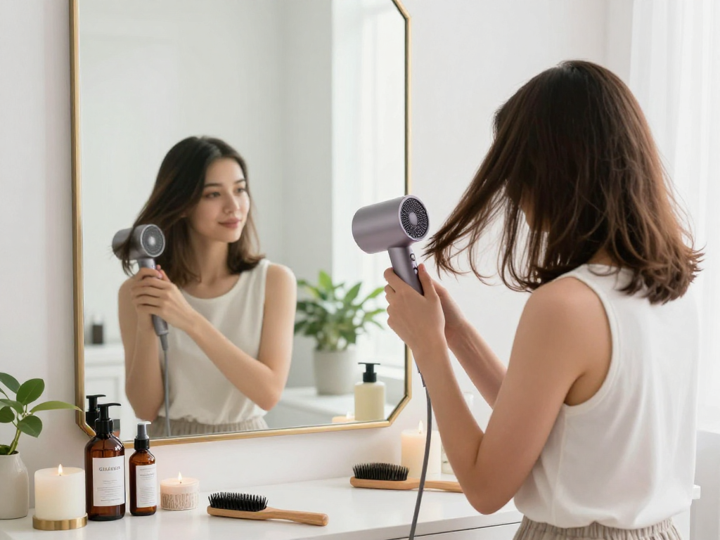 Woman styling hair with a mini blow dryer in a modern bathroom.