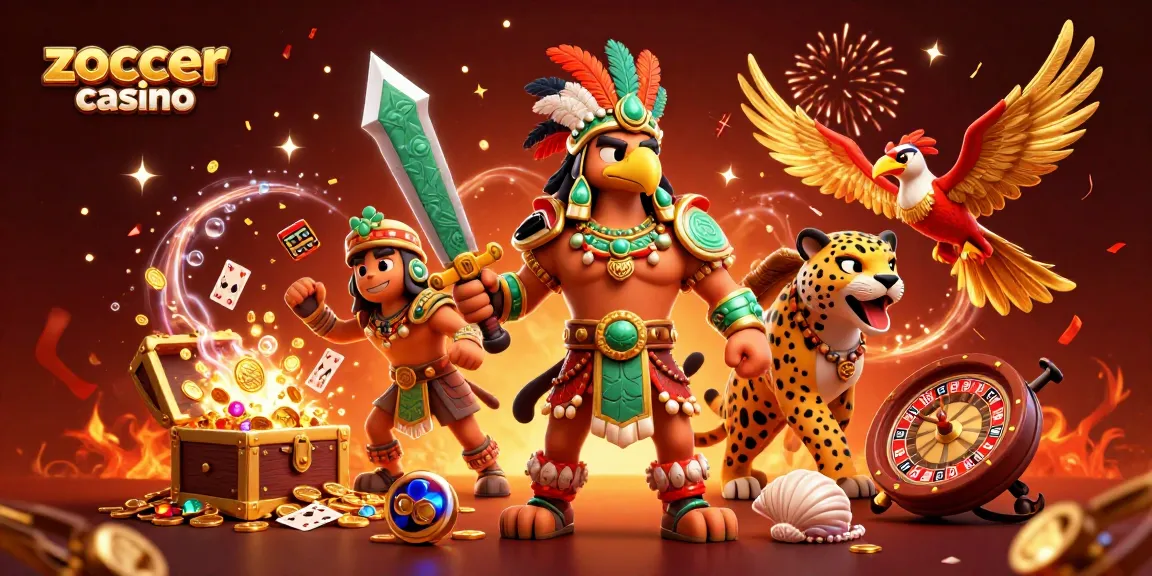 Zoccer casino showcases an Aztec warrior and jaguar amidst gold coins and vibrant gaming elements.