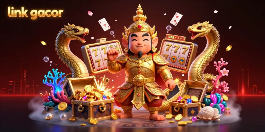 Engage with the dynamic scene of a Thai guardian amidst colorful slot machines and treasures, highlighting link gacor.