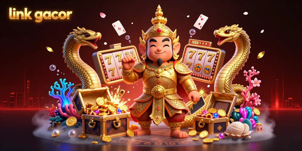 Engage with the dynamic scene of a Thai guardian amidst colorful slot machines and treasures, highlighting link gacor.