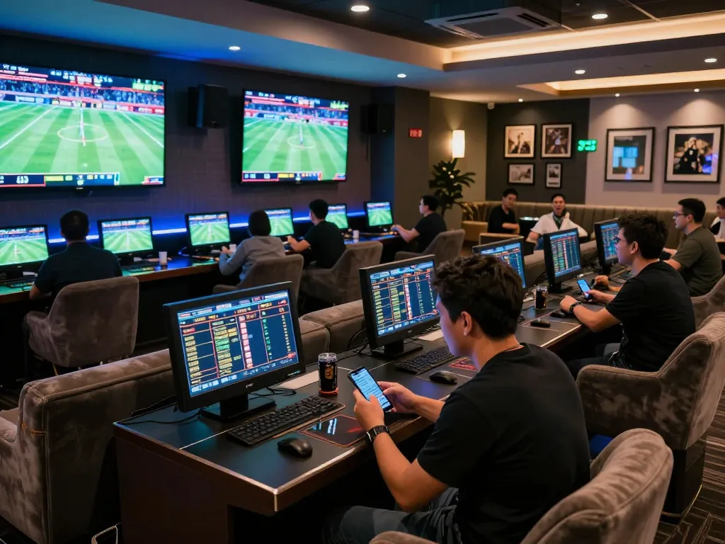 Kèo nhà cái displayed on multiple screens in a modern sports betting lounge, capturing the excitement and strategic wagering moments.