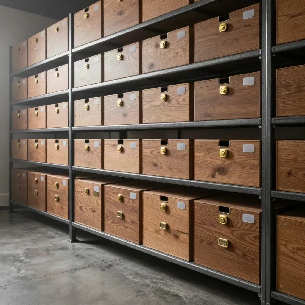 Dunkler Lagerraum mit Archivbox-Wand, Messingmarker und transluzenten Kantenmarken im Haze.